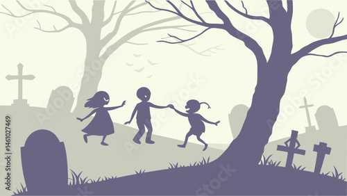 Ethereal silhouette illustration of children dancing in a graveyard with tombstones