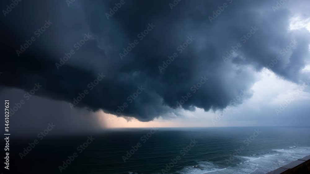 Dramatic storm clouds gather over ocean, creating moody and atmospheric scene as dark clouds contrast with lighter horizon, hinting at impending weather. Dramatic storm clouds gather over ocean, creating moody and atmospheric scene as dark clouds contrast with lighter horizon, hinting at impending weather.