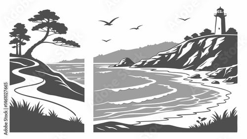 Vintage Monochrome Coastal Landscape Illustration Lighthouse and Path