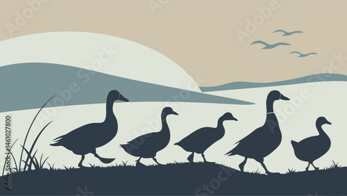 Peaceful Nature Landscape with Five Duck Silhouettes Walking in a Row Sunrise Vector Illustration