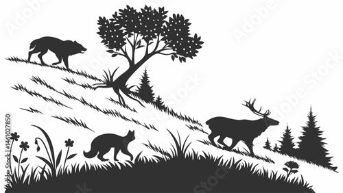 Forest wildlife silhouette illustration black white graphic wolf deer fox tree plants hill landscape