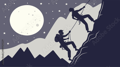 Silhouette illustration of two climbers on a mountain at night under a full moon and starry sky.