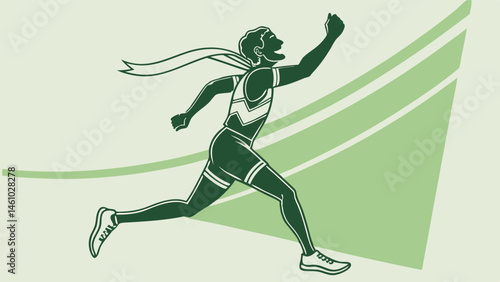Green Illustration of Victorious Runner Crossing Finish Line Ribbon Celebrating Success