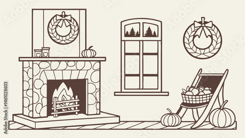 Cozy Autumn Home Interior Decor Line Art Illustration Fireplace Pumpkins Wreath Window Chair Harvest