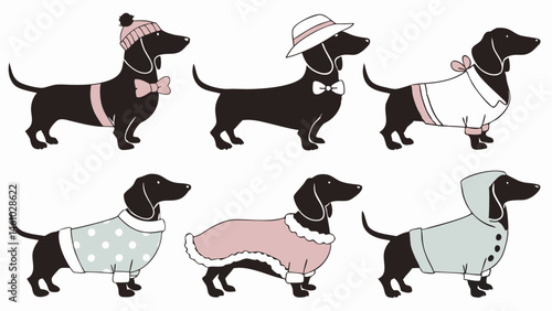 Adorable Dachshund Dogs in Various Fashion Outfits and Cute Clothes Illustration
