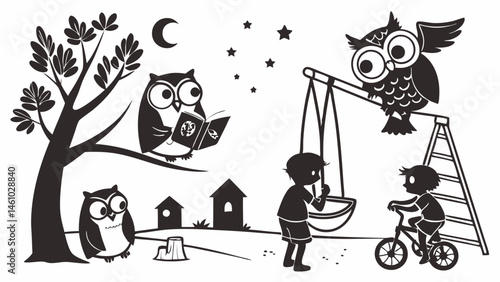 Black and white night illustration of owls and kids playing on a swing and bike, with a reading owl under the moon and stars.