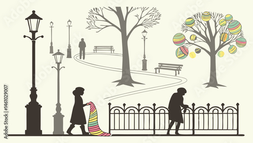 Silhouette illustration of an urban park scene with people of different generations and an Easter tree.