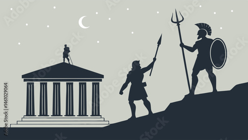 Ancient Greek Mythology Silhouette Gods Poseidon Warrior Temple Night Sky Moon Stars Illustration