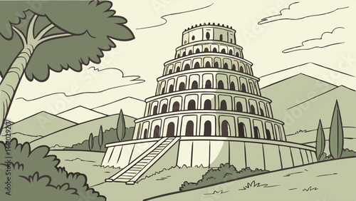 Sepia Cartoon Illustration of the Tower of Babel Ziggurat Ancient Building in a Hilly Landscape