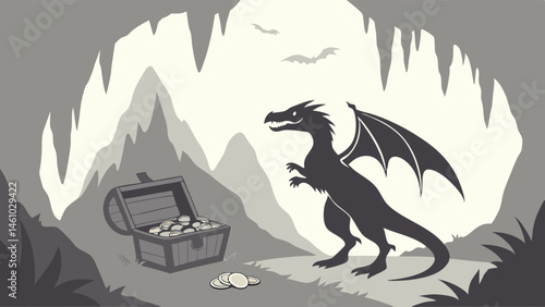 Monochrome Fantasy Illustration of a Dragon Guarding a Treasure Chest in a Cave