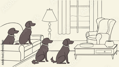 Four dark dogs sit patiently waiting for food by a coffee table in a simple line art living room illustration.