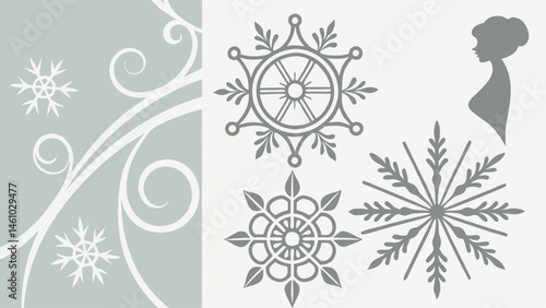 Elegant Grey Winter Holiday Vector Set Snowflakes Swirls Female Silhouette