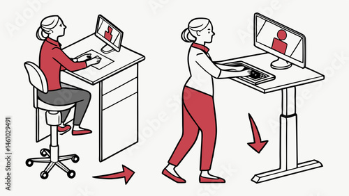 Simple office illustration woman using ergonomic sit stand desk