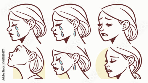 Simple Line Art Woman Face Profile Illustrations Showing Crying Tears Sadness Emotions