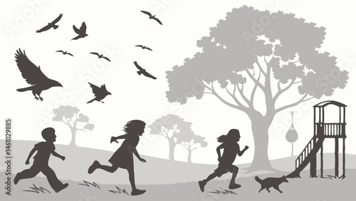 Black and white silhouette illustration of children and cat running in a park with birds trees and playground