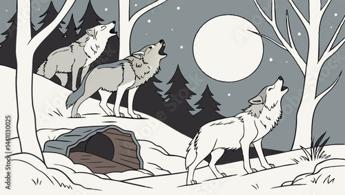 Stylized Illustration Three Wolves Howling at Full Moon in Snowy Winter Forest Scene with Den