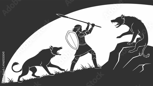 Epic Fantasy Black and White Silhouette Warrior Battling Two Aggressive Wolves with Spear and Shield Illustration
