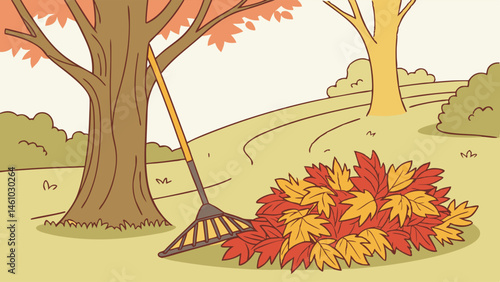 Simple Illustration Rake Leaning Against Tree Next to Pile of Colorful Autumn Leaves on Green Lawn Fall Cleanup Scene