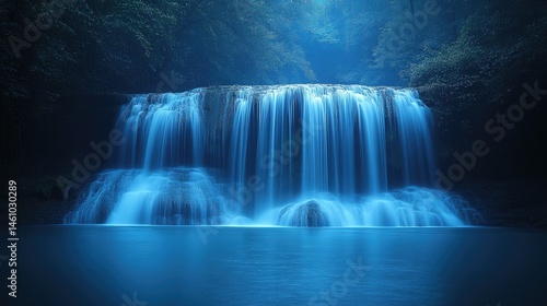 Serene waterfall cascading into a tranquil pool.  Misty, ethereal light bathes the scene in a cool blue hue, highlighting the smooth water flow. Lush, dark forest surrounds