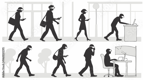 Black and White Silhouette Illustration of People Using VR AR Headsets in Future Daily Life and Work
