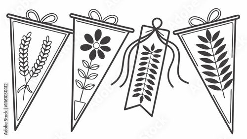 Black and White Line Art Botanical Pennant Banners Garland Illustration with Wheat Flowers and Leaves Nature Decoration