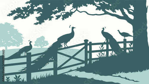 Detailed Silhouette Illustration of Peacocks on a Wooden Fence in a Serene Rural Landscape