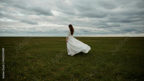 Woman in White Dress Walking Gracefully in Open Field  