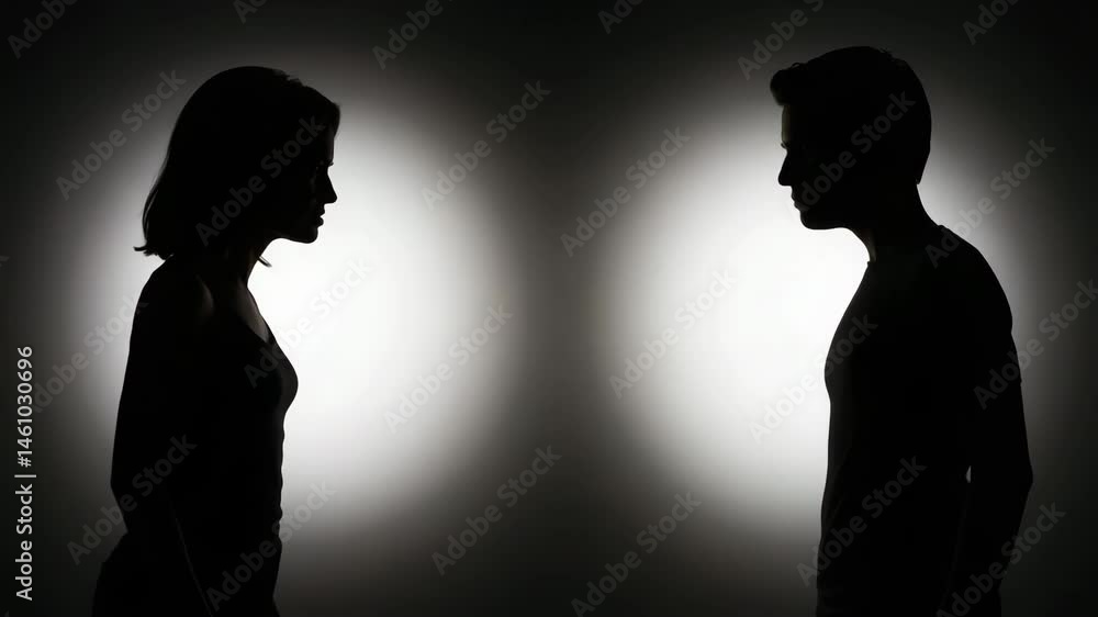 Silhouetted couple engaged in an intense argument against dim backdrop Silhouetted couple engaged in an intense argument against dim backdrop