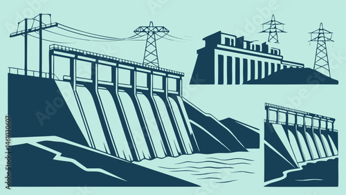 Vintage Hydroelectric Dam Power Plant Illustration Renewable Energy
