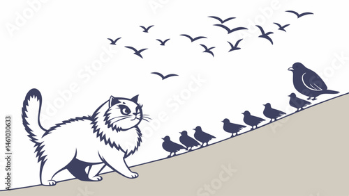 Black and White Line Art of a Fluffy Cat Watching Birds on a Slope with Flying Flock