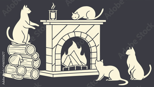 Simple Line Drawing of Cats Enjoying a Cozy Fireplace with Logs on Dark Background