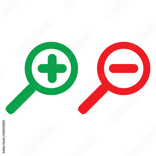 Zoom in plus green and zoom out minus red flat icon