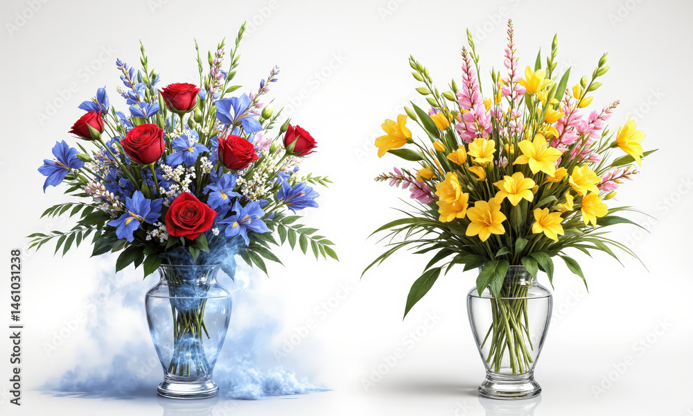Obraz premium Sports Victory Triumph (Red Roses Yellow Sunflowers Blue Irises) tall, dynamic vase filled with golden water, holding