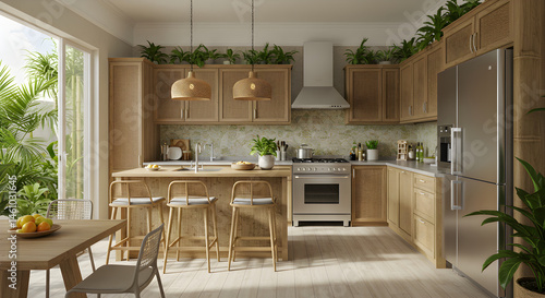 Bright Kitchen Boasting Natural Tones and Lush Greenery Accents For Modern Living