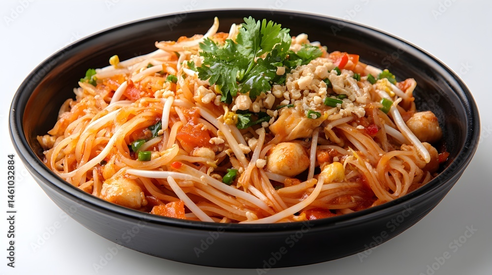 A delicious and appetizing plate of Pad Thai noodles is served in a stylish black bowl garnished with peanuts and cilantro. A delicious and appetizing plate of Pad Thai noodles is served in a stylish black bowl garnished with peanuts and cilantro.