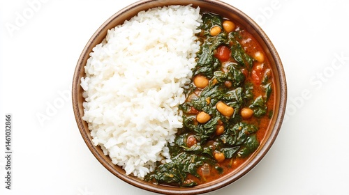 Top down view of South African spinach groundnut stew white rice on clean white background popular Free State vegetarian meal hearty and protein rich dish cut out on isolated transparent background