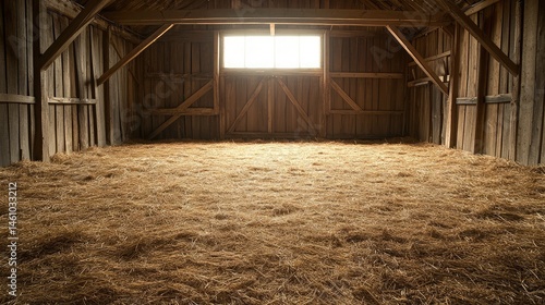 Chicken coop with straw-covered floor and rustic wooden panels on an empty farm