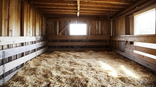 Chicken coop with straw-covered floor and rustic wooden panels on an empty farm