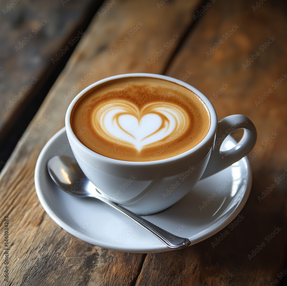 Fototapeta premium Close-Up of Cappuccino with Heart-Shaped Latte Art on Wooden Table – Rustic Charm