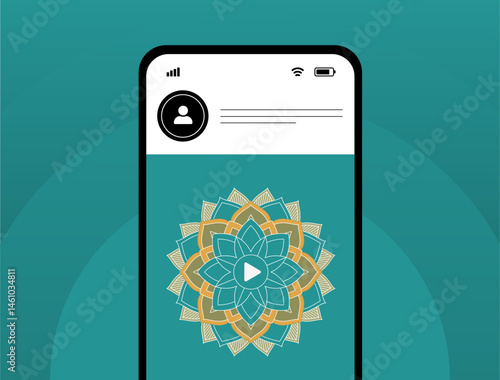 Digital detox and mindfulness app concept. Smartphone with mandala and calming visuals. Perfect for promoting balance mobile app and focus in tech-driven world. Mindfulness vector illustration