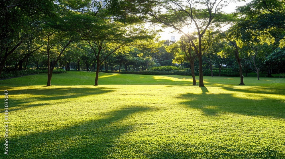 Obraz premium Golden-hour sunlight casting long shadows across a quiet meadow at dusk