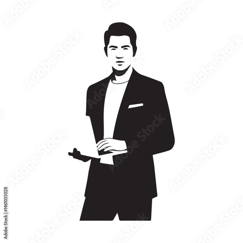 A handsome man standing with laptop Vector Black silhouettes. with white background