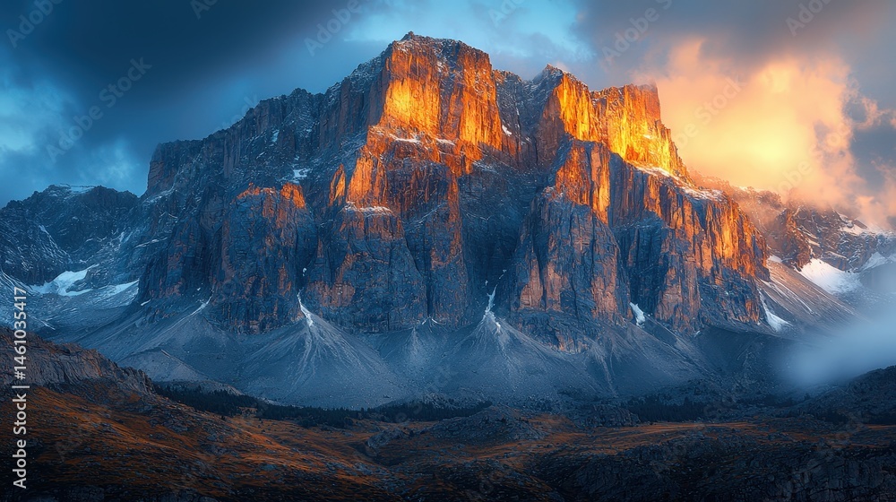 Fototapeta premium Majestic mountain peaks at sunset with glowing clouds and dramatic light
