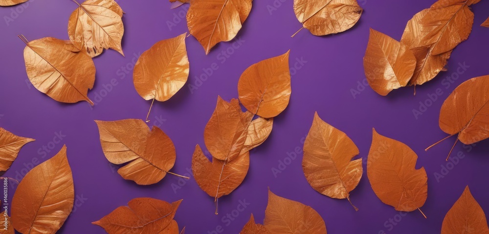 Obraz premium Dried orange metallic leaves, violet backdrop Geometric autumnal design , fall, decor, stock photo