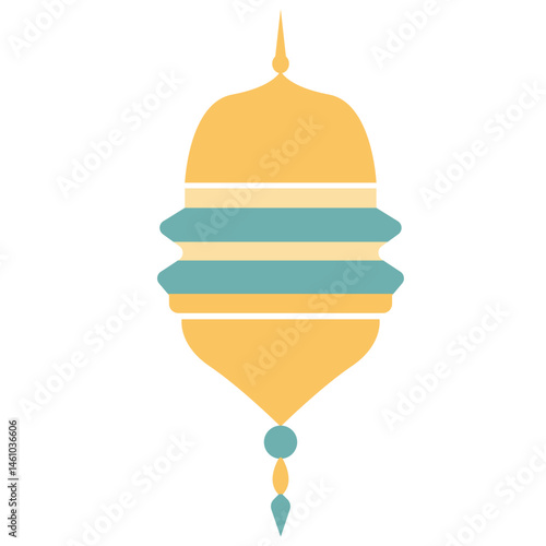 An artistic illustration of a symmetrical hanging lantern with teal and yellow elements, featuring decorative bands and bead-like ornaments below. Designed in a minimal, traditional style for cultural