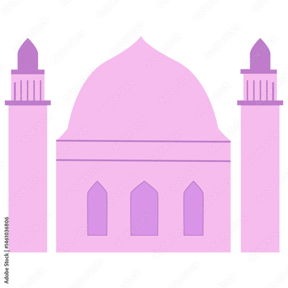 A stylized illustration of a pink and purple mosque featuring a large central dome, two tall minarets, and arched windows in a minimal style. A stylized illustration of a pink and purple mosque featuring a large central dome, two tall minarets, and arched windows in a minimal style.
