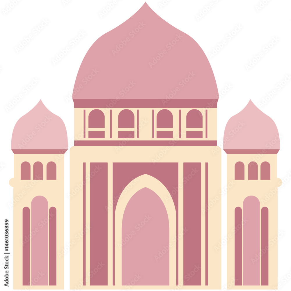 An elegant illustration of the Taj Mahal in pink and beige tones, featuring domes, arched windows, and detailed symmetrical elements. An elegant illustration of the Taj Mahal in pink and beige tones, featuring domes, arched windows, and detailed symmetrical elements.
