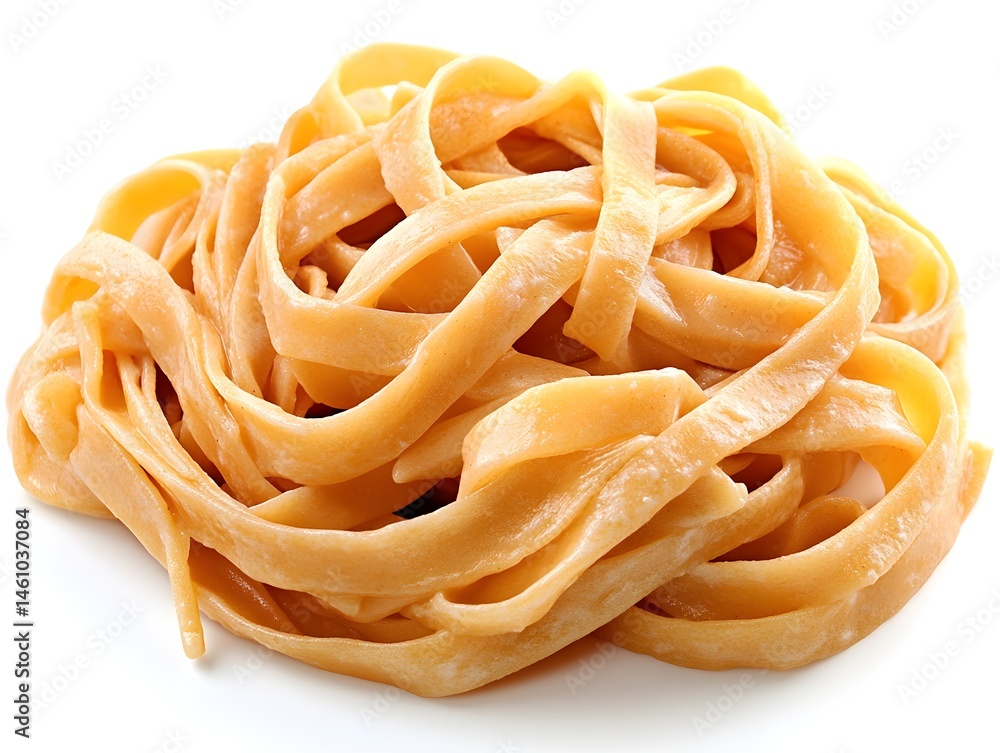 A delicious pile of freshly cooked fettuccine pasta rests on a plain white background ready for a culinary masterpiece. A delicious pile of freshly cooked fettuccine pasta rests on a plain white background ready for a culinary masterpiece.