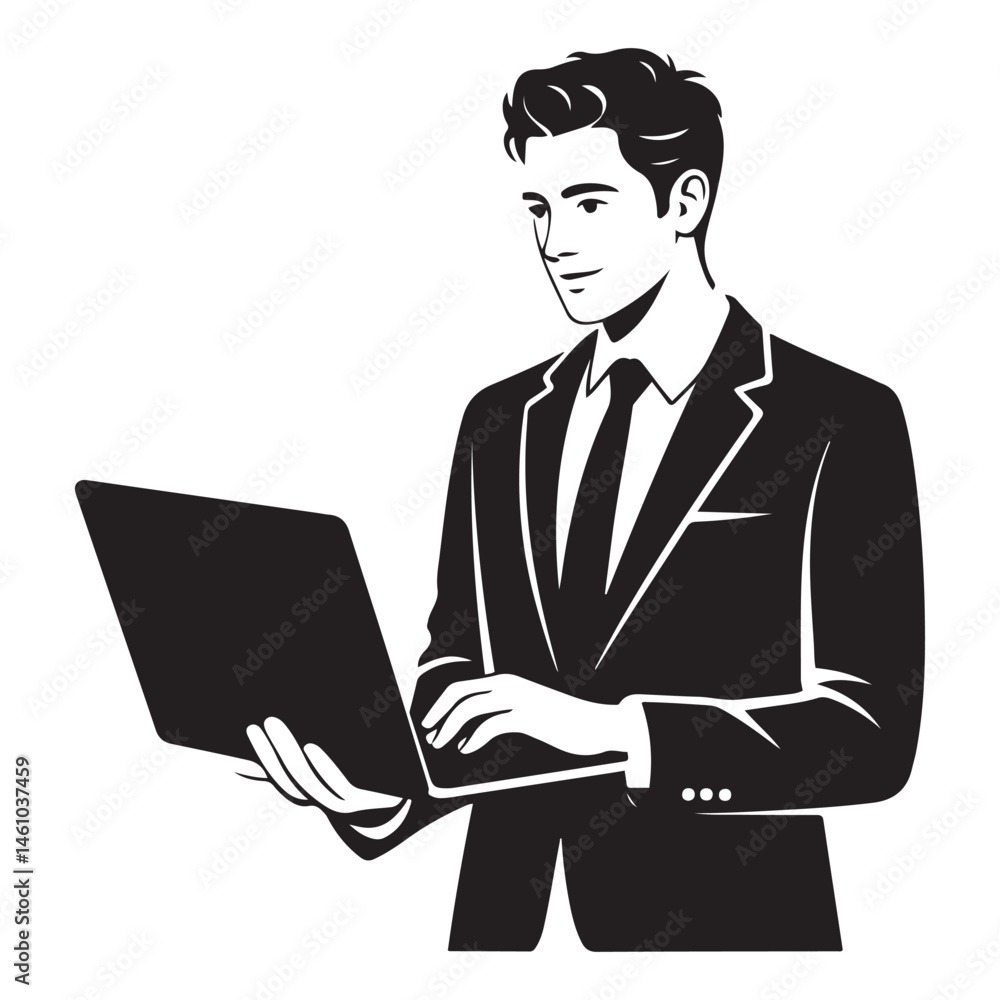 A handsome man standing with laptop Vector Black silhouettes. with white background A handsome man standing with laptop Vector Black silhouettes. with white background