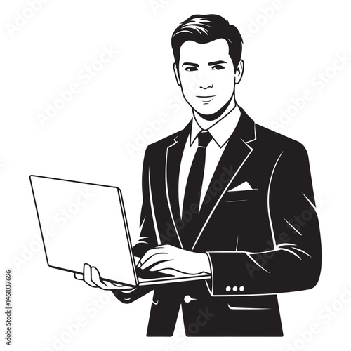 A handsome man standing with laptop Vector Black silhouettes. with white background